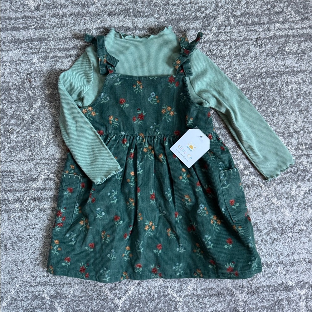 Toddler Girl top & jumper dress in green floral/holiday